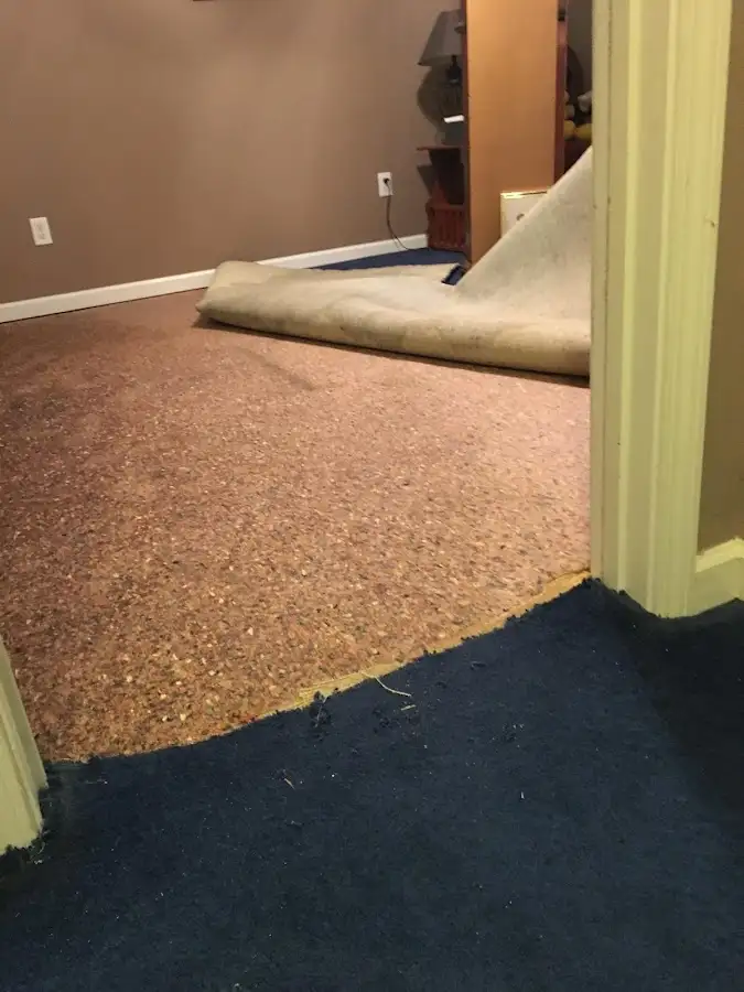 Carpet pad removal revealing water damage during Drying & Dehumidification in West Haven-Sylvan